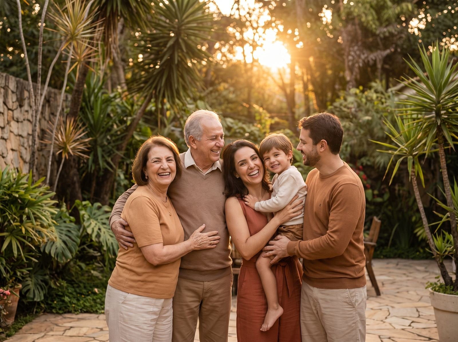 Família reunida e abraçada no jardim