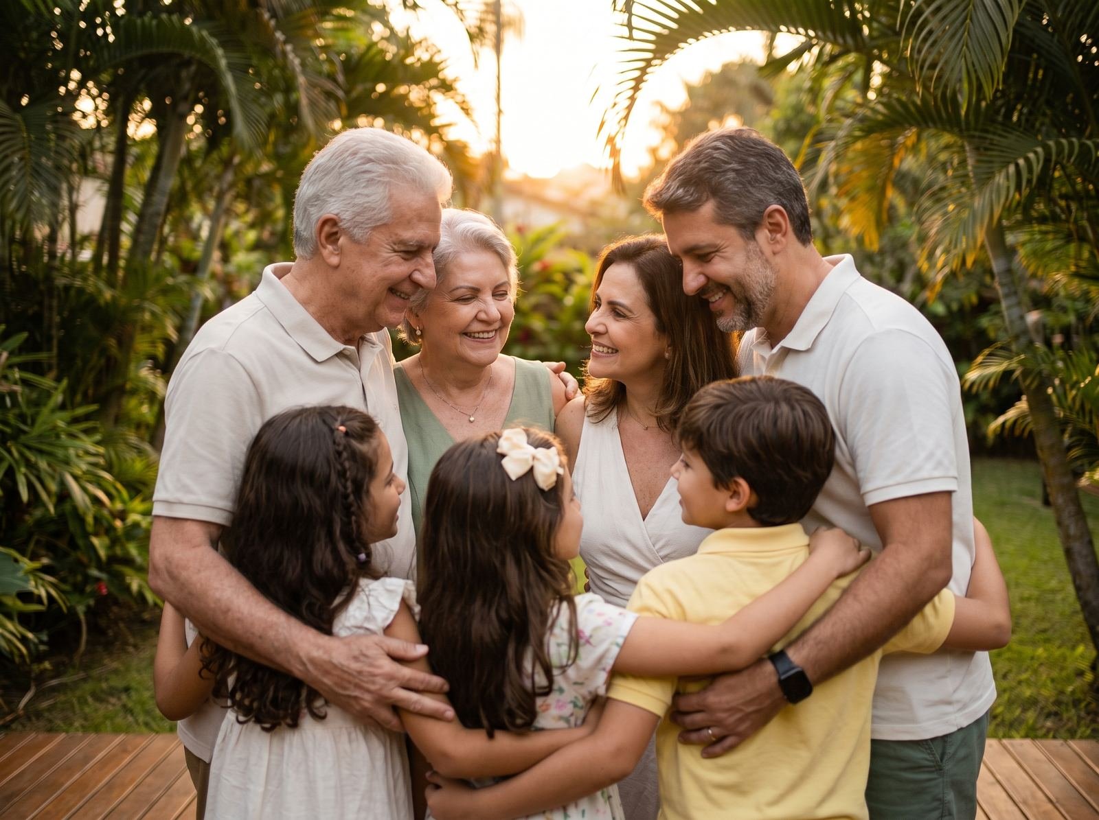 Família abraçada no jardim