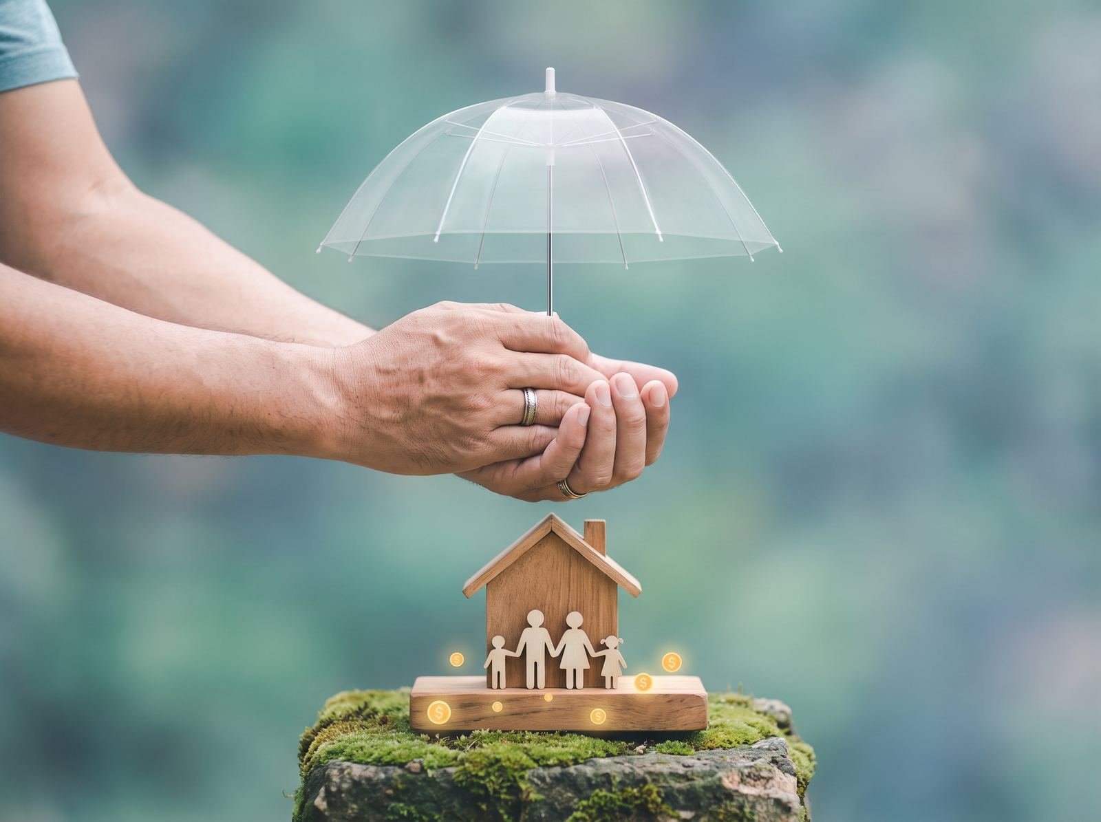 Mãos protegendo com um guarda-chuva a maquete de uma casa e de uma família